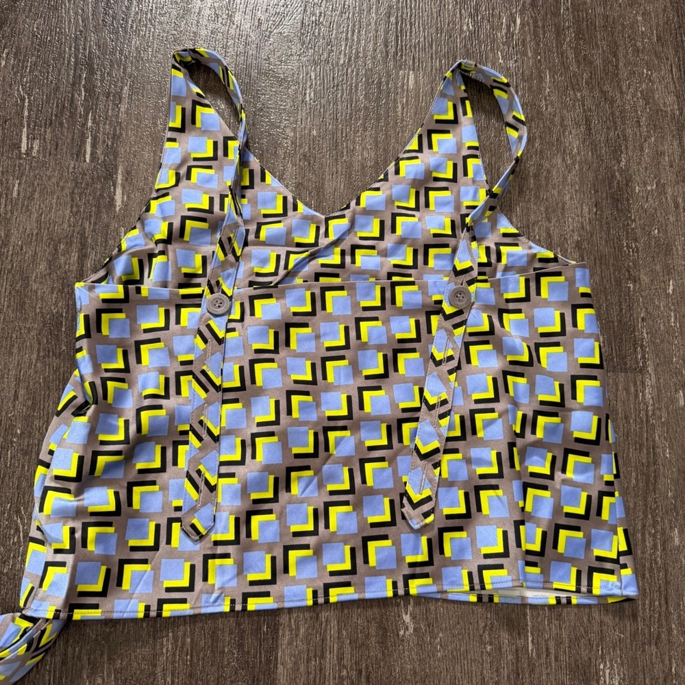 Wildfang The Empower Satin‎ Cami Womens XS Blue Neon Yellow Geometric Tie Top